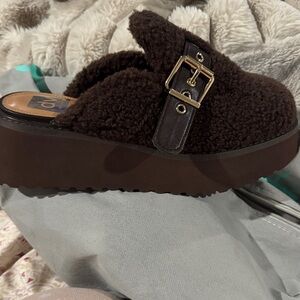 Cozy Brown Shearling Platform Mules